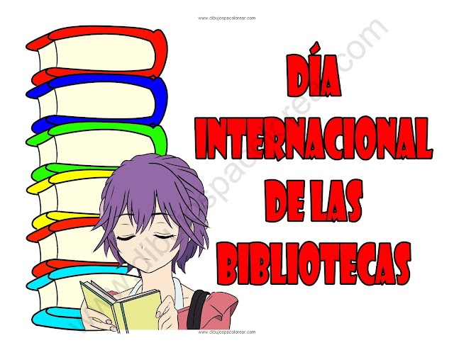 Día Internacional de las Bibliotecas dibujo a color y para colorear